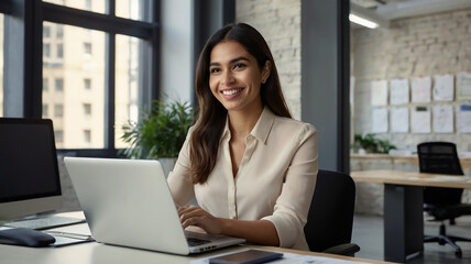 Busy young business woman executive using laptop in office. Smiling Hispanic businesswoman company employee sitting at work desk, professional female hr manager looking at pc computer at workplace.