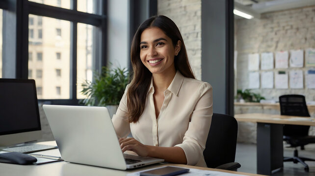 Busy young business woman executive using laptop in office. Smiling Hispanic businesswoman company employee sitting at work desk, professional female hr manager looking at pc computer at workplace.