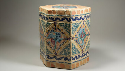 Decorated Hexagonal Ceramic Container with Colorful Pattern and Design