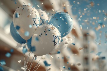 Celebrating joy and unity during Rosh Hashanah with blue and white balloons adorned with Stars of David and confetti in the air