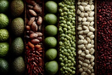 A delectable display of healthy ingredients showcases avocados, cacao nibs, assorted beans, and limes, highlighting the bounty of nature's harvest in a visually appealing food assortment.