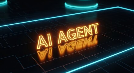 Obraz premium Futuristic Ai Agent Text in Glowing Neon Lights on Dark Technology Background