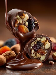 Decadent dark chocolate covered treat with nuts and dried fruits being drizzled with liquid chocolate, a tempting confection perfect for dessert and holiday gifts.