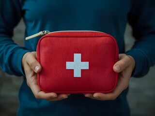Close-up of a person holding a red first aid kit with a white cross, symbolizing emergency preparedness, health care, safety, and quick medical response for injuries or accidents.

