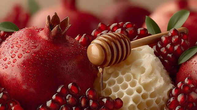 Celebrating Rosh Hashanah with apples, pomegranates, and honey on a simple white background