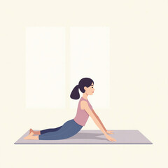 A woman practices yoga, performing the Cobra pose on a mat indoors.