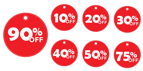 Collection of Eye Catching Red Sale Tags Featuring Discounts Ranging from Ten to Ninety Percent Off Items