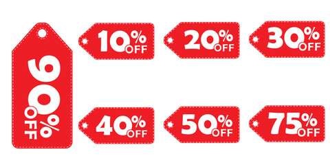 Eye Catching Red Sale Tags Featuring Different Discount Percentages for Retail Marketing and Promotional Campaigns Aimed at Consumers