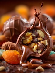 Decadent chocolate truffle bursts open to reveal a nutty filling, accompanied by dried apricots and almonds, with melting chocolate creating a visually appealing dessert scene for food enthusiasts.