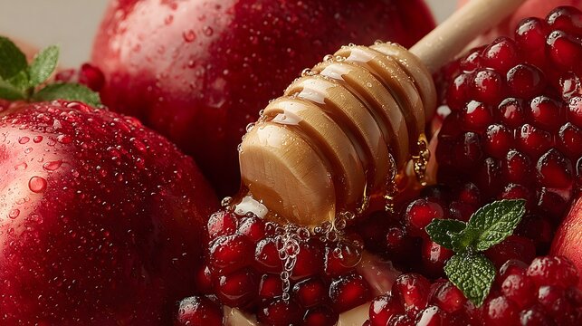 Celebrate Rosh Hashanah with a beautiful array of apples, pomegranates, and honey for a sweet new year