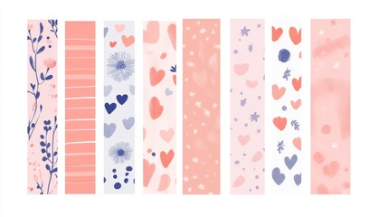 Planner decoration strips with star scattered pattern, delicate floral print, heart motifs, coral grid lines, abstract Memphis style shapes, berry illustrations, speech bubble tabs, gentle pastel