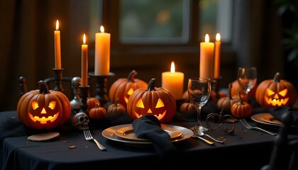 Classic Halloween table adorned with pumpkins and flickering candles, evoking a spooky and inviting autumn vibe