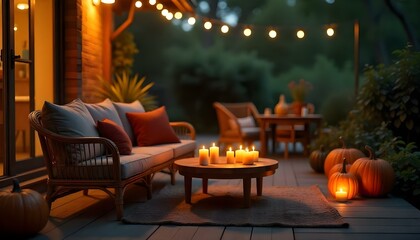 A charming porch featuring pumpkins and candles, perfect for celebrating classic Halloween festivities in a cozy autumn setting