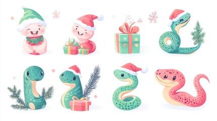 Winter holiday snake sticker pack featuring chibi style characters, tiny winter hats, decorative garlands, mini gift boxes, festive ornaments, soft pastel colors, simple white borders, cartoon flat