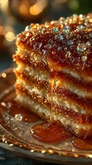 A delightful honey cake with dripping syrup sits invitingly on a golden plate, showcasing delicious layers and a sparkling, enticing presentation for dessert lovers and culinary projects.
