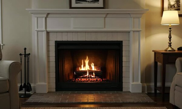 Cozy living room scene featuring a fireplace with a burning fire, creating warmth.