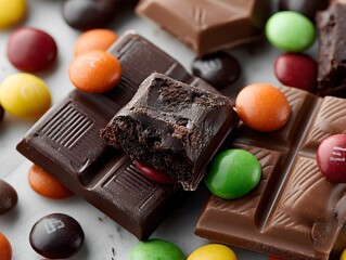 Savor the sweetness of rich dark chocolate squares complemented by colorful candy coated chocolates, inviting you to indulge in a delicious and tempting assortment of confectionery delights.