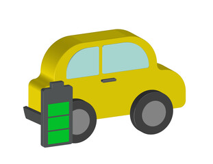 Simple 3D icon of a yellow car and a charging battery, transparent background, PNG format