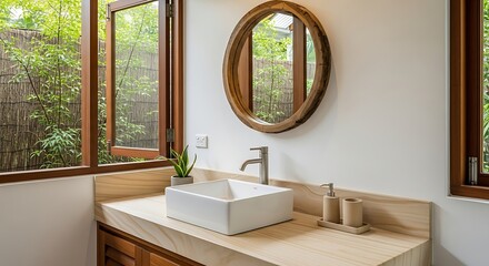 Modern bathroom design with natural light featuring wood accents and nature view
