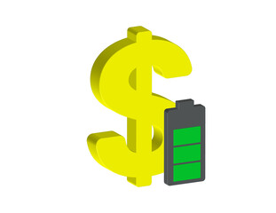 Simple 3D icon of a dollar sign and a charging battery, transparent background, png format