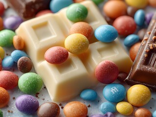 Indulge in sweet delights with a delectable assortment of colorful candies scattered around creamy white and milk chocolate pieces, perfect for desserts and celebratory treats.