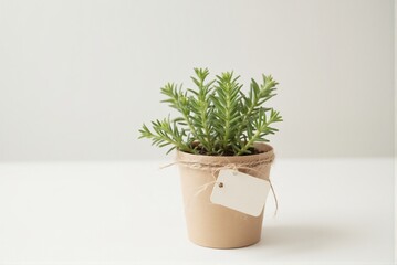 Fototapeta premium Minimalist Potted Green Plant in Kraft Paper Cup with Blank Tag