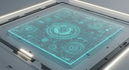 Futuristic technology interface with glowing blue patterns on transparent surface