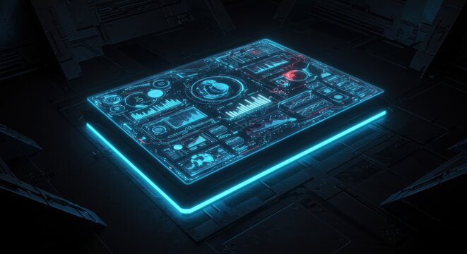 Futuristic technology interface displaying vital data and system diagnostics in a dark environment