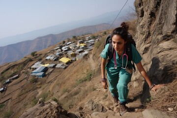 A female doctor in scrubs climbs a rocky mountain path with a village in the background on a sunny day