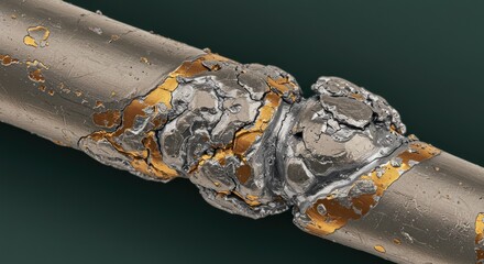 Fototapeta premium Macro shot showcasing a joint of metal pipe with layered corroded textures and golden accents,