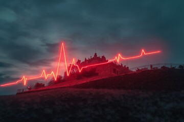 Red heartbeat line over a hill with a building and people under a cloudy and somewhat dark sky