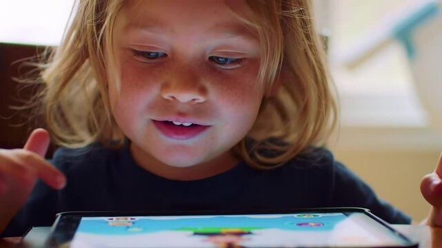 Child engrossed in interactive game on tablet, fostering creativity and learning through engaging
