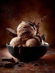 Chocolate ice cream scoops overflowing in a dark bowl with chocolate syrup, capturing sweet indulgence and decadent flavor, perfect for dessert menus or foodie blogs.