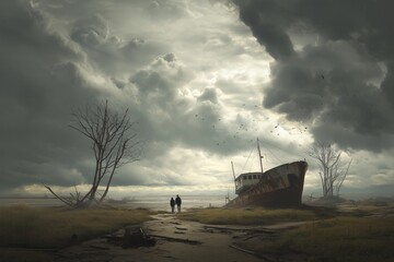A desolate landscape featuring a shipwreck, two figures, and a stormy sky with birds flying above