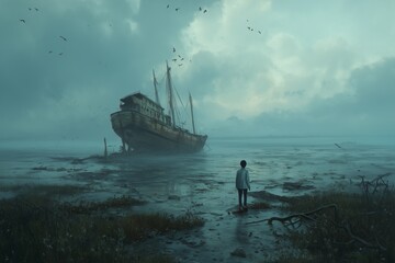 A lone figure stands on the shore gazing at an old shipwreck under a cloudy and overcast sky