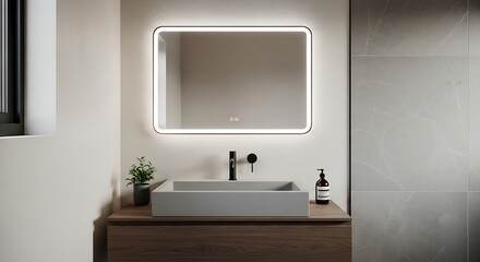 Modern bathroom interior featuring illuminated mirror, square sink, and sleek design