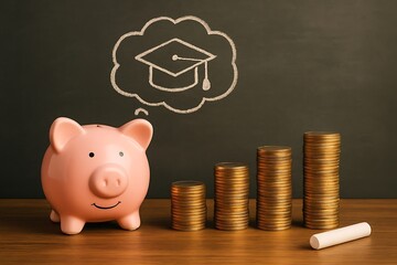Pink piggy bank coins chalkboard graduation cap stacks