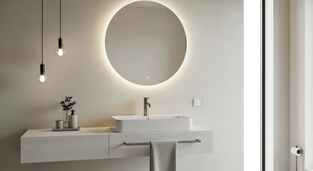 Modern bathroom interior with circular led mirror, stylish lighting and minimalist design