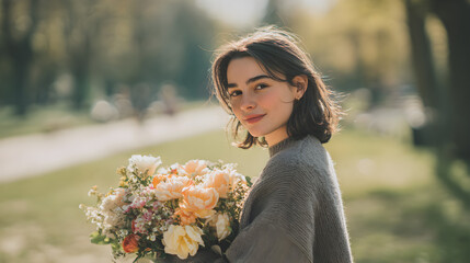 Woman with bouquet in park