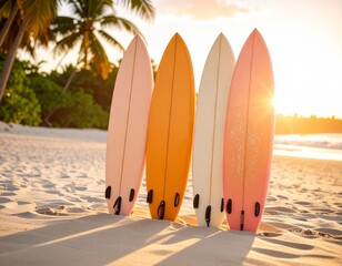 석양 속 열대 해변의 서핑보드 Surfboards on Tropical Beach at Sunset