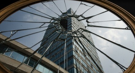 Obraz premium Architectural reflection fractured through a broken mirror in the urban environment