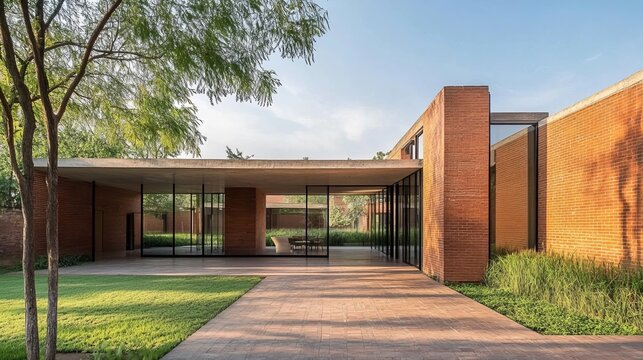 Modern brick house exterior with a large patio