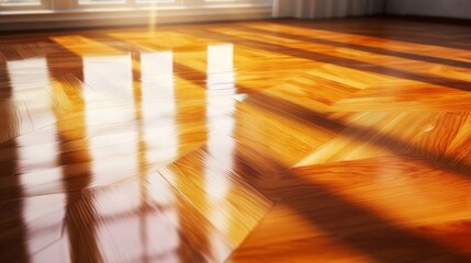 Freshly varnished hardwood floor, deep golden brown parquet pattern, hand applying clear lacquer, gliding brush strokes, high gloss reflection, wood grain texture, natural light through windows, home
