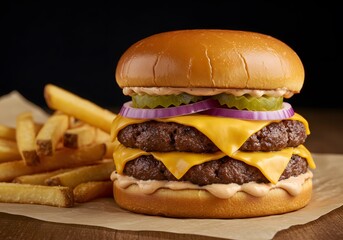 A juicy smash double burger with crispy edges and melted cheese. The perfect fast food visual for the modern burger lover