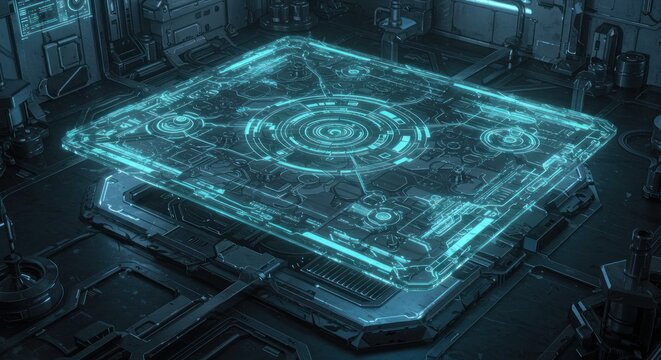 Futuristic holographic display interface with intricate design and sci-fi environment