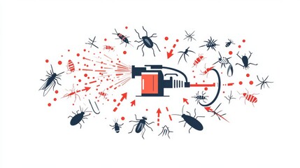 Obraz premium modern vector graphic representation of pest extermination, a pesticide pressure sprayer in the center with toxic fumes spreading outwards, surrounding insects such as cockroach, fly, moth, and