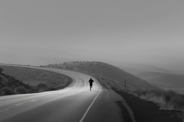 A monochrome image of a person running on a road leading into the distance with hills in the background