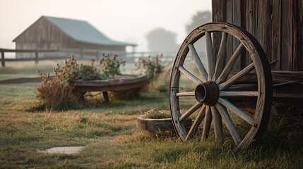 Fototapeta premium Weathered wooden wheel in barnyard sunrise haze framing nostalgic farmyard atmosphere for rustic décor inspiration