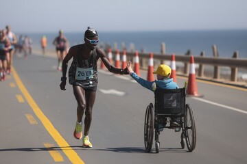 Marathon runner high fiving a person in a wheelchair during a race near the ocean on a sunny day