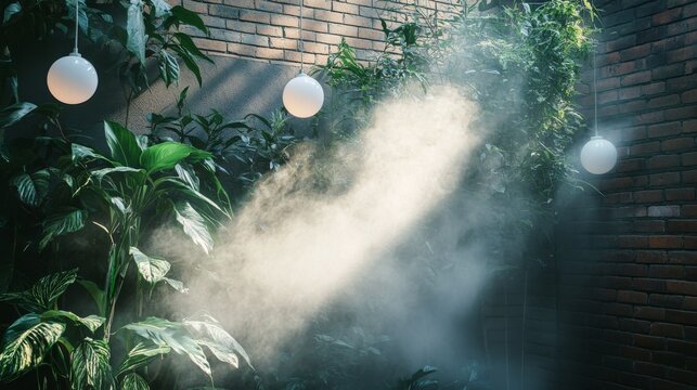 Outdoor misting cooling system, suspended white globe lights, verdant climbing plants, urban brick wall background, ethereal water vapor, environmental photography, misty garden ambiance, summer